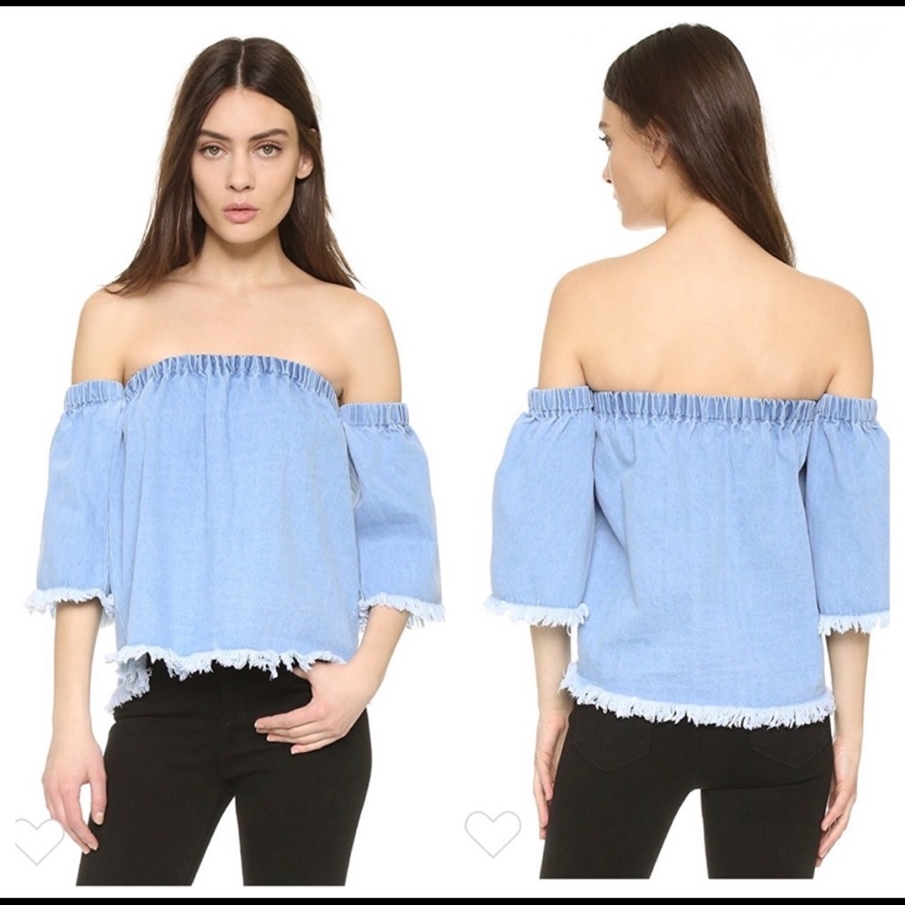 J.O.A. Denim Off-Shoulder Short Sleeve Top